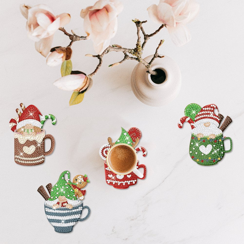 8Pcs Diamond Painting Coasters Christmas Santa Claus Diamond Acrylic Coasters with Holder Diamond Art Cup Coasters for Christmas Party