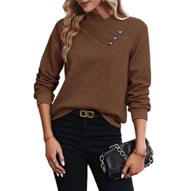 Camisas de Larga para Mujer, Conjuntos de Otoño, Camisetas con Cuello en V, Blusas Tipo Túnica con Botones, Ropa de Moda Café Marrón S
