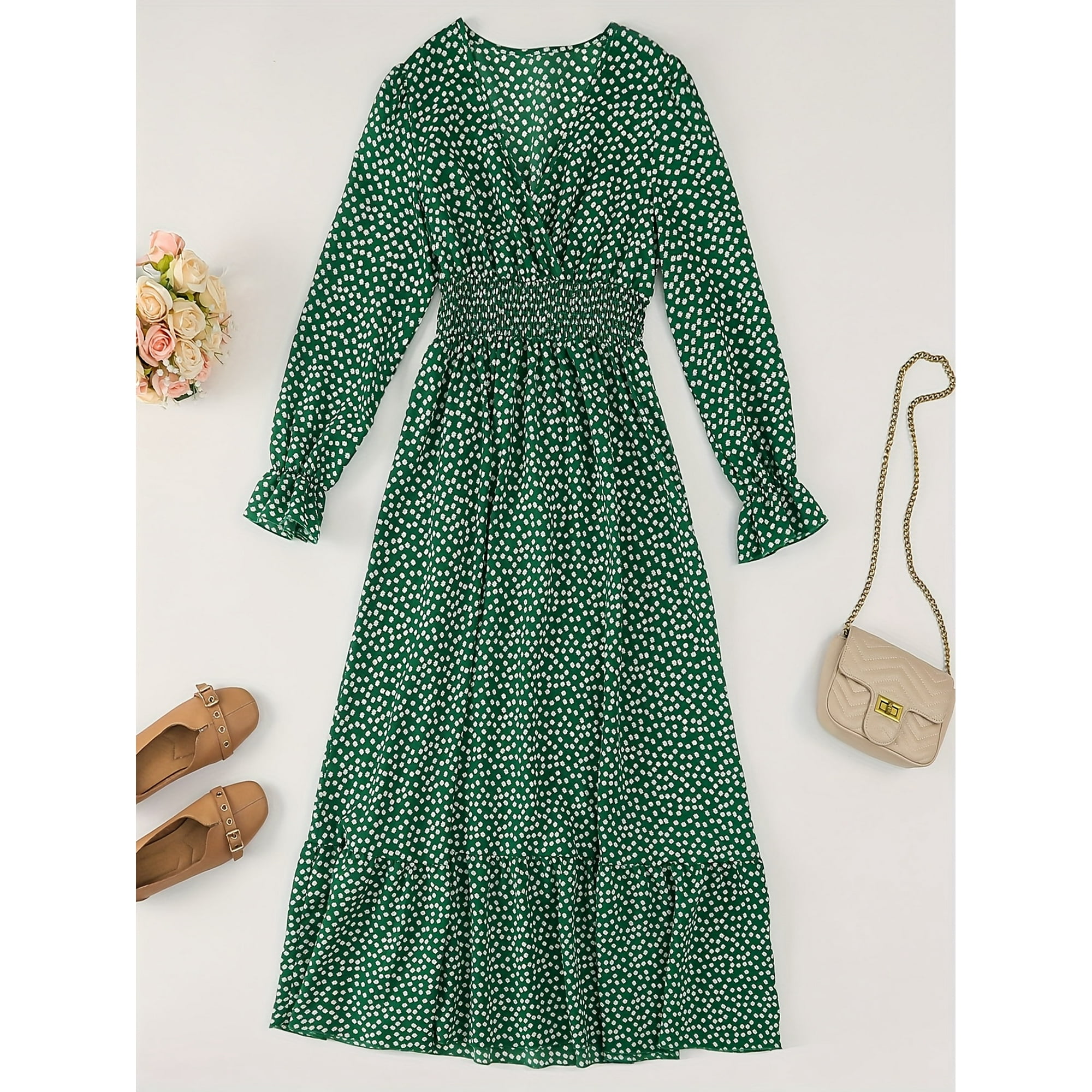 Ladies Dresses Green Polka Dot Maxi Dress Inglocry Girls Maxi Dress Long Sleeve Round Neck Casual Ladies Dresses Green Polka Dot Maxi Dress Inglocry Girls Maxi Dress Long Sleeve Round Neck Casual