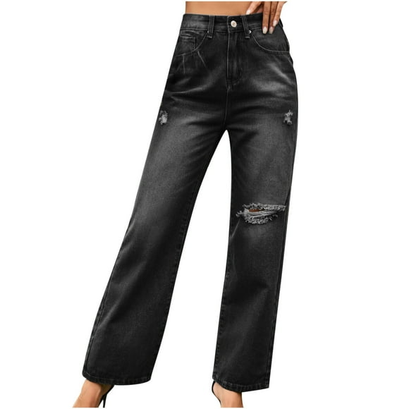 Low Rise Baggy Jeans for lady Women's High Waisted Straight Wide Leg Jeans Ankle Length Ripped Jean Pants Baggy Vintage Denim Trousers Black L