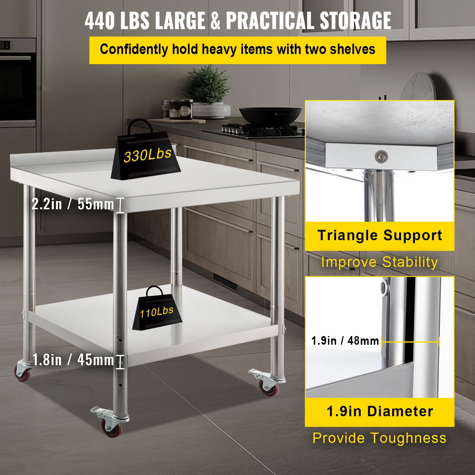 KFFKFF Stainless Steel Adjustable Undershelf and Casters Prep Table, Silver