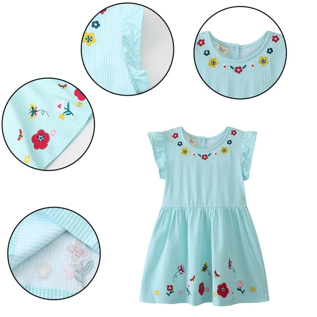 AJZIOJIRO Robe Décontractée pour Filles Robe Brodée Douce pour Tout-Petits Été Couleur Unie Col Rond Robe Ample