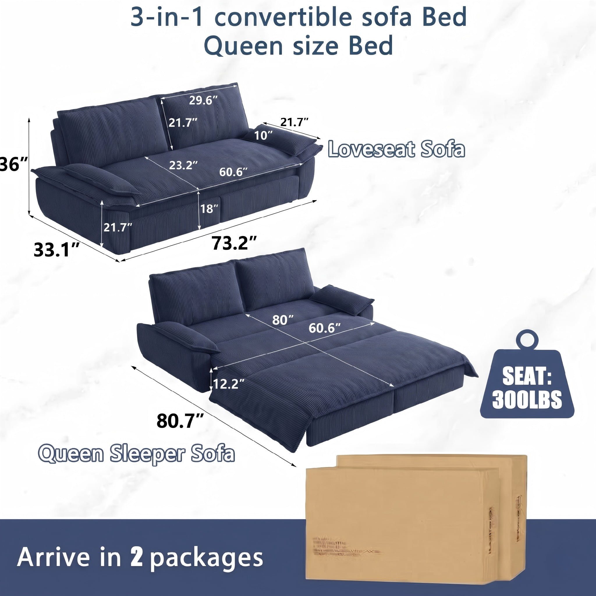 Multi-Functional Corduroy Convertible 3-in-1 Sofa Bed, Queen Size Loveseat Sleeper Couch, Light Blue