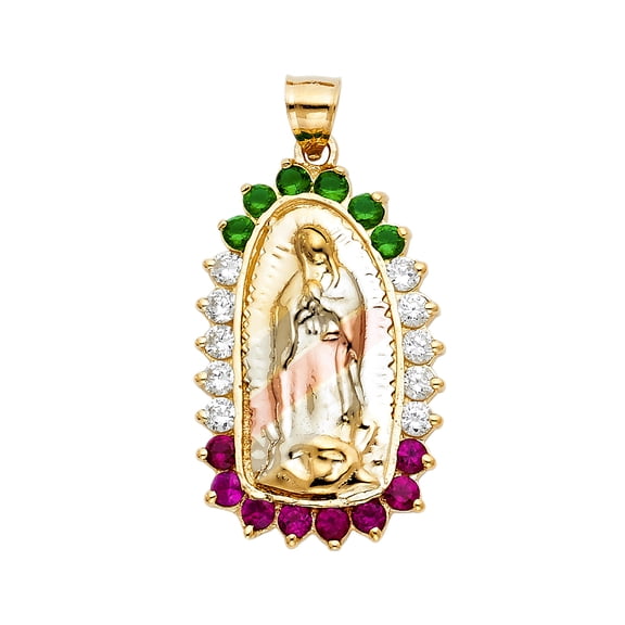 14K 3C Gold Cubic Zirconia Religious Guadalupe Pendant | Tri Color Gold Charm Pendant for Necklace Chain | Gift for Men Women | 38 x 24 MM | 6.9 grams