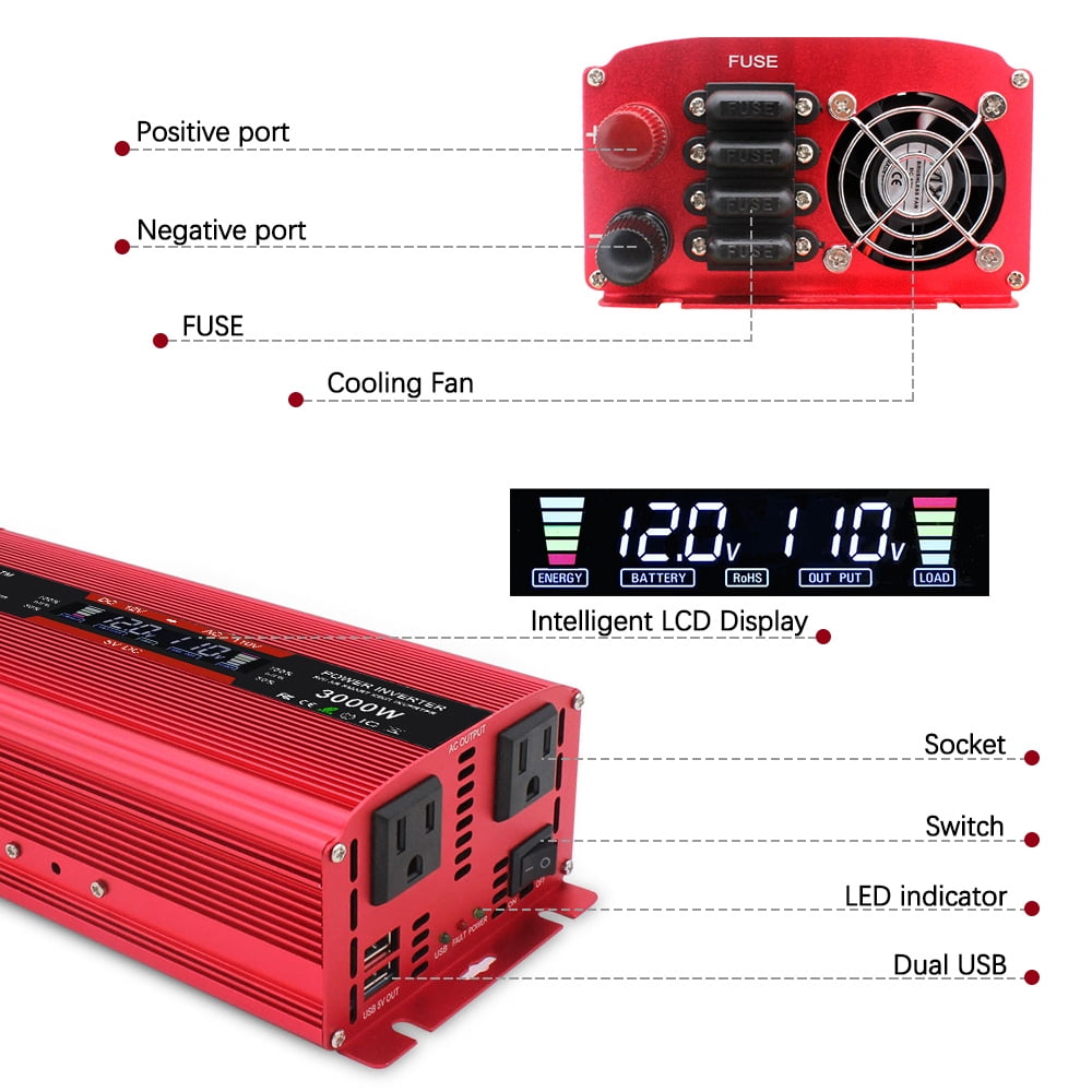 Yinleader 1500 Watts Car Power Inverter Converter 12V to 110V with LCD Display 2Sockets USB