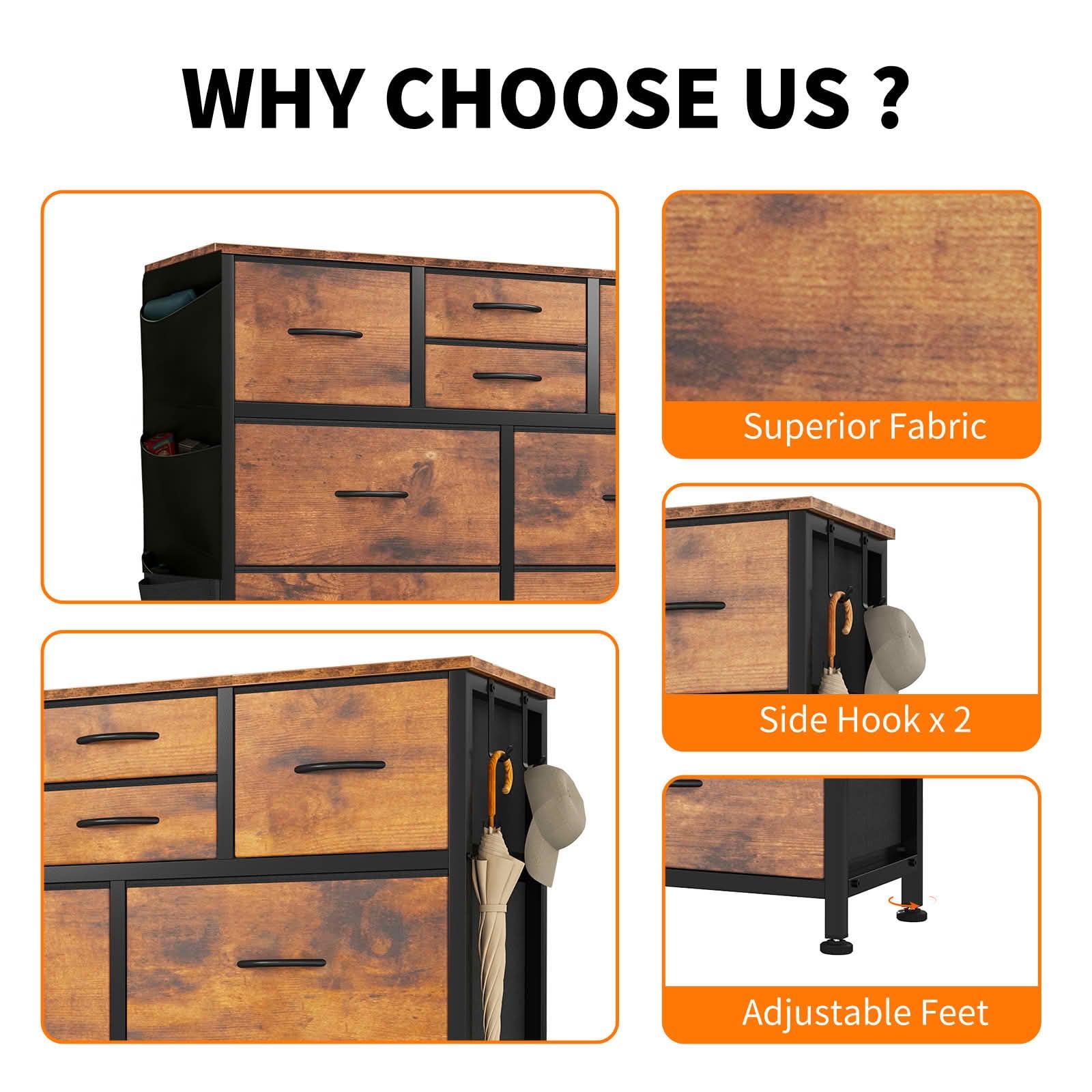 MAYEERTY 10-Drawer Storage Dresser, Cabinet with Side Pocket Hooks Wood Top for Bedroom Closet