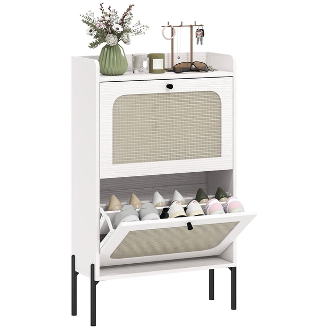 HOMCOM Shoe Cabinet with 2 Flip Drawers, Boho Narrow Shoe Rack, White