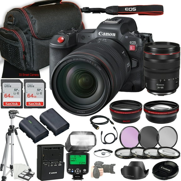 Canon EOS R5 C Mirrorless Cinema Camera w/RF 24-105mm f/4 L IS USM Lens   2X 64GB Memory   Filters   TTL Flash   More (35pc Bundle)