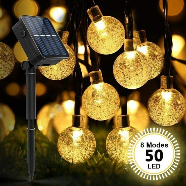 Chaîne Légère Solaire, 7M 50 A Mené la Chaîne Légère avec 8 Modes, Chaînes Légères Imperméables de Boule de Cristal pour le Jardin, Terrasse, Noël (Blanc Chaud)
