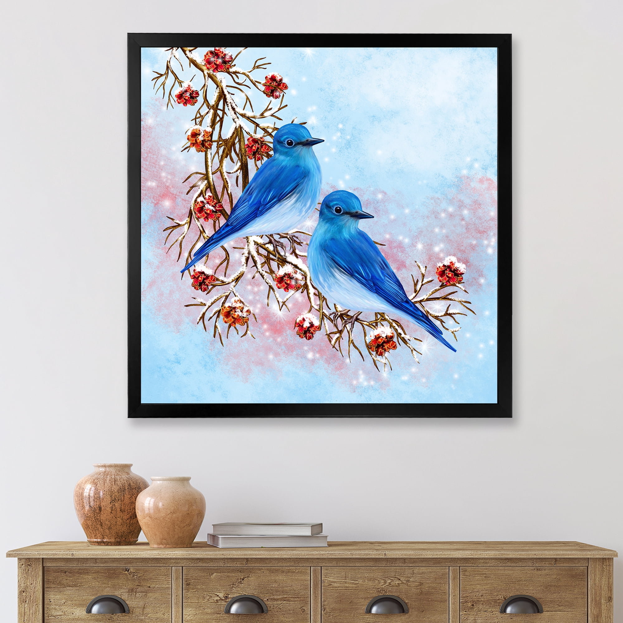 Designart 'Two Blue Birds Sitting On A Branch With Berries In Winter' Traditional Framed Art Print