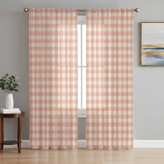 Peach Pink Plaid Sheer Curtains 72 Inches Long, Gingham Checked Minimalist Modern Light Filtering Window Curtains for Living Room/Bedroom, Rod Pocket Voile Sheer Curtain Drapes, 52"W x 72"L, 2 Panels