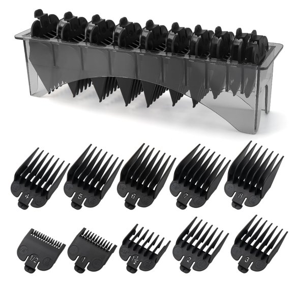 Juego de protectores para cortapelos que se adapta a la mayoría de cortapelos Wahl y Babyliss FX870 con guías organizadoras de cortapelos de repuesto, juego de 10 piezas de 1/16 a 1 pulgada, color neg