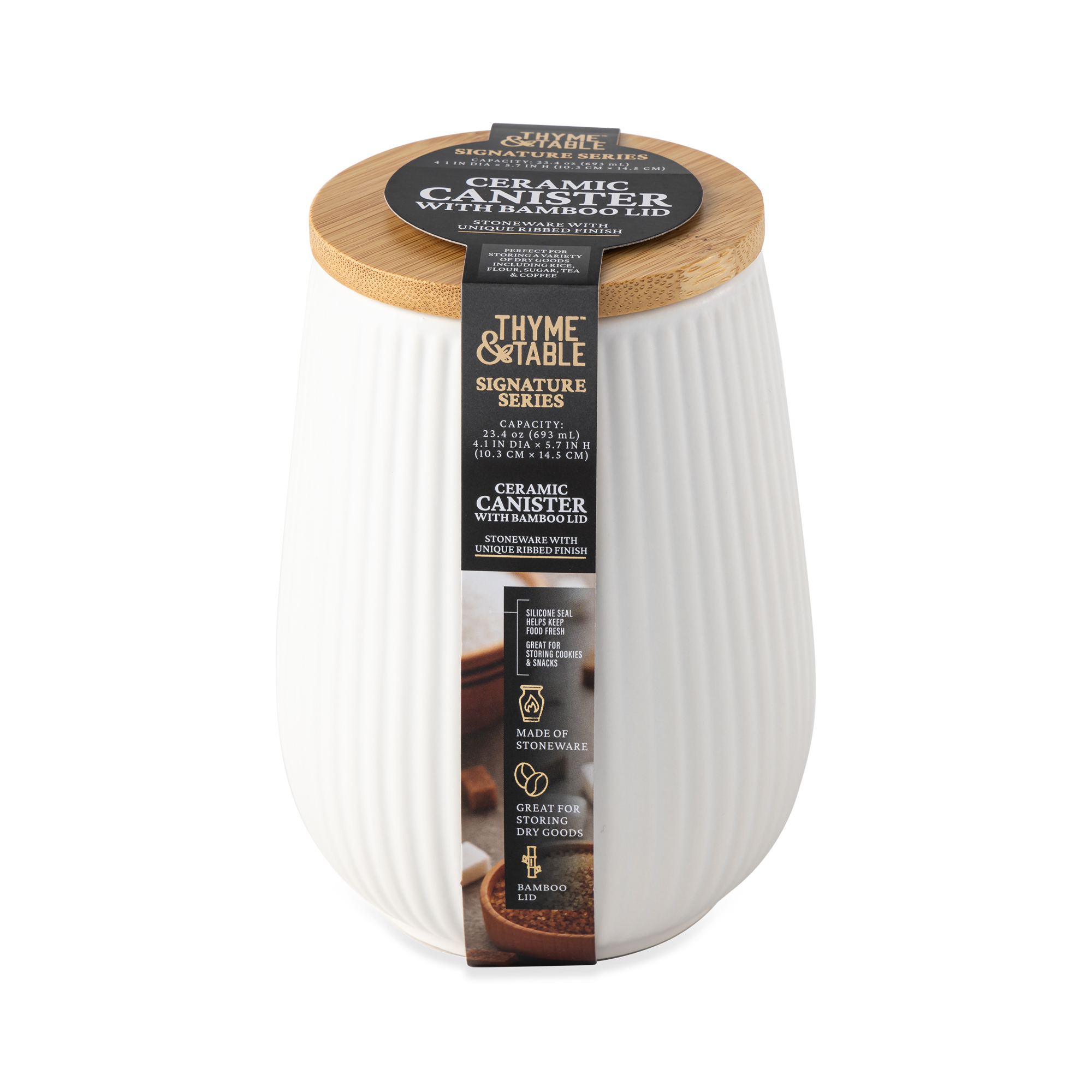 Thyme & Table Small (693 ml) Ceramic Ribbed Kitchen Organization Canister with Bamboo Lid, White