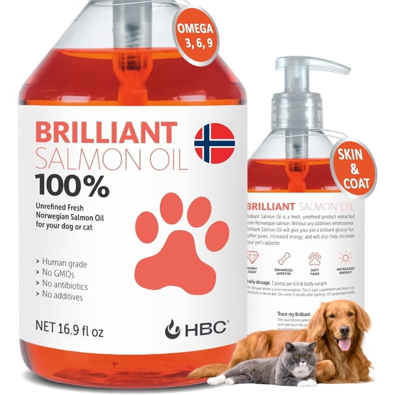 Brilliant Salmon Oil for Dogs and Cats, All-Natural Norwegian Fish Oil Omega 3 Supplements for Pets, 16.9 fl oz