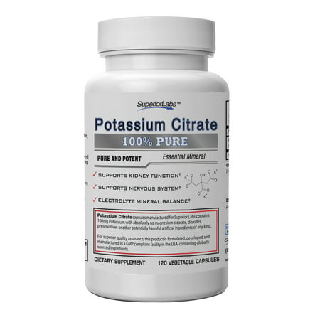 #1 Quality Potassium Citrate by Superior Labs - 100mg, 120 Vegetable Caps - Made In USA, 100% Money Back (Best Foods For Potassium)
