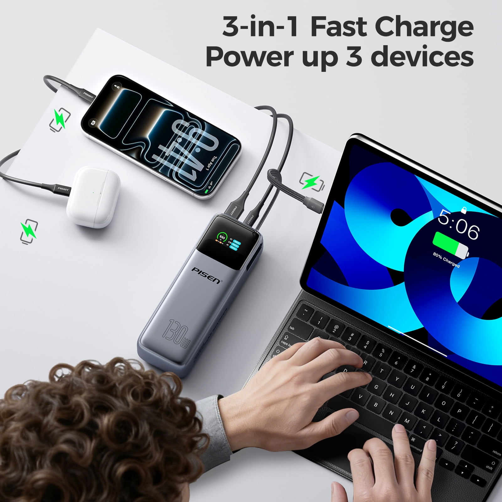 PISEN 3C Certified Power Bank-20000mAh 130W Power Bank,Travel Battery Pack Portable 3C Charger with LED Display, Portable Charger with Built in Cable for iPhone, Samsung and More