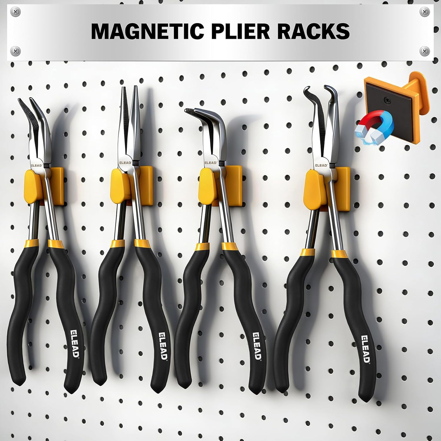 5-Piece 11 Inch Long Needle Nose Set with 4 Magnetic Plier Racks, Extra Long Reach Set, 45° & 90° Bent Needle Nose , Circle Nose and Diagonal for Tight Spaces