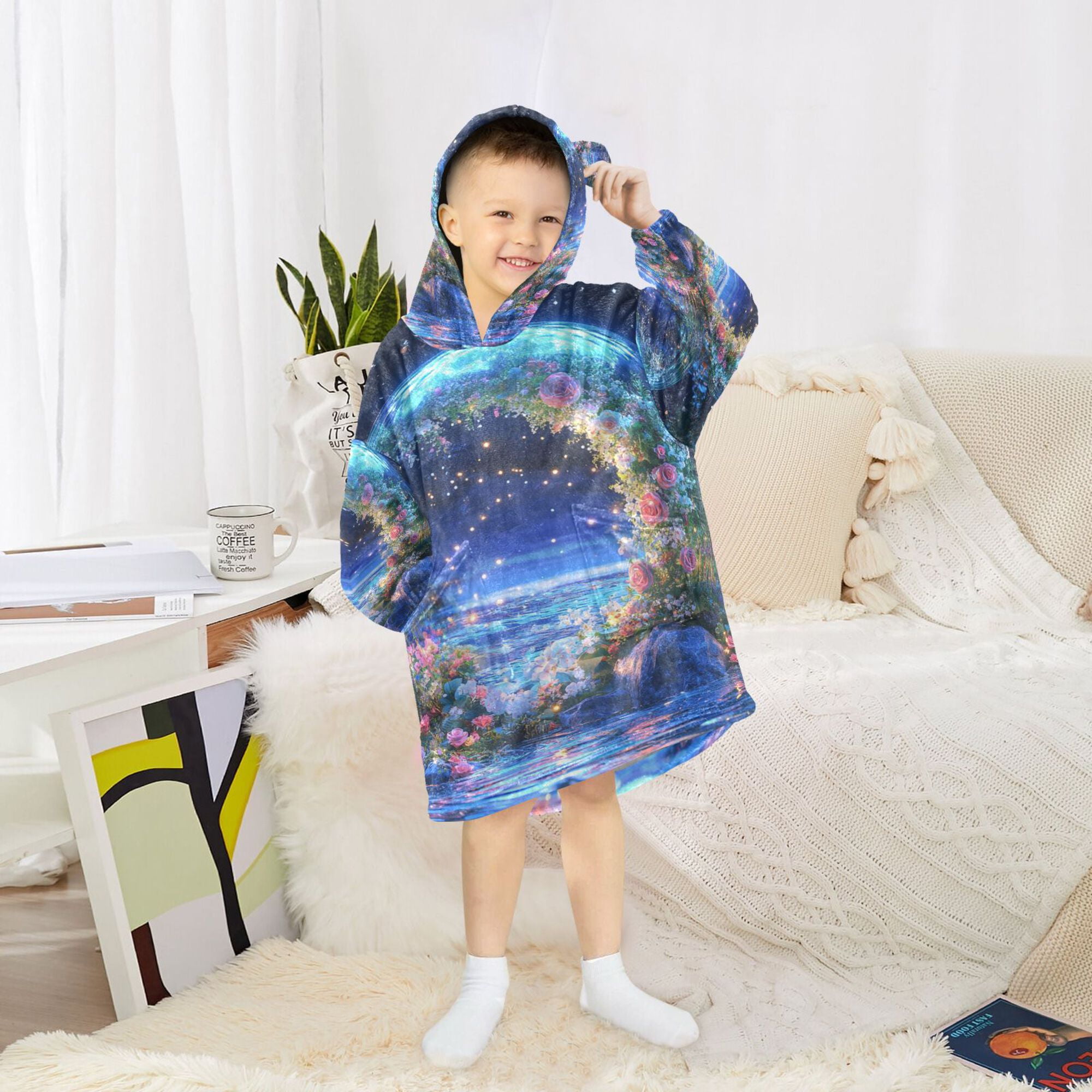 FORMRS Wearable Blanket Hoodie with Sleeves for Kids Cozy Flannel Sweatshirt, Beautiful Floral Moon