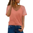 thumbnail image 4 of Camiseta de manga corta de encaje a rayas transparente para mujer, jersey con cuello en V de Color sólido, Tops elegantes, camisetas sueltas informales de verano, 4 of 4