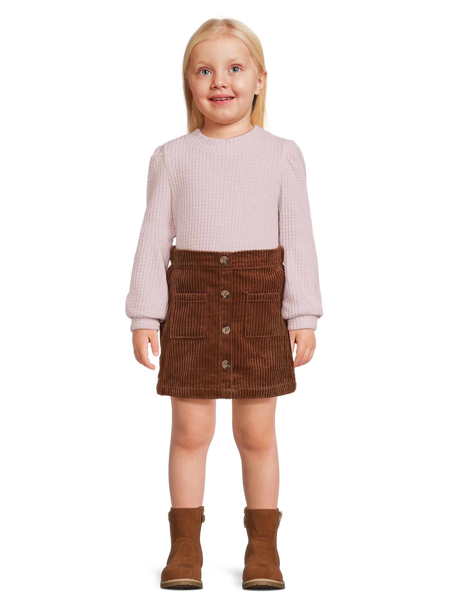 Wonder Nation Toddler Girl Waffle Knit Top and Corduroy Skirt Set, 2-Piece, Sizes 12M-5T