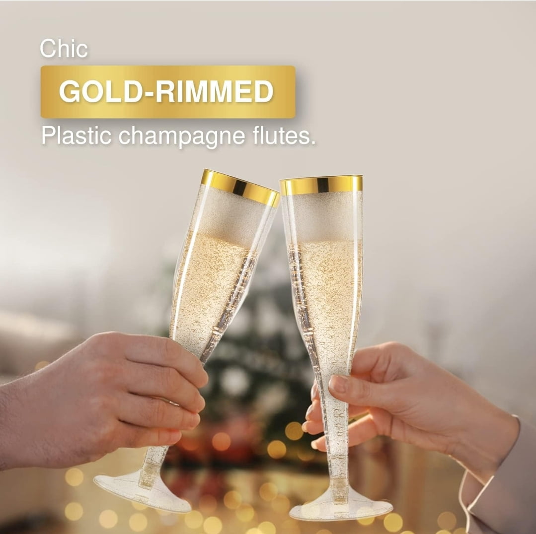 50 Pack Disposable Plastic Champagne Flutes, 6.5Oz Toasting glasses for decoration, Wedding, Parties, and Reusable(Gold Rim)