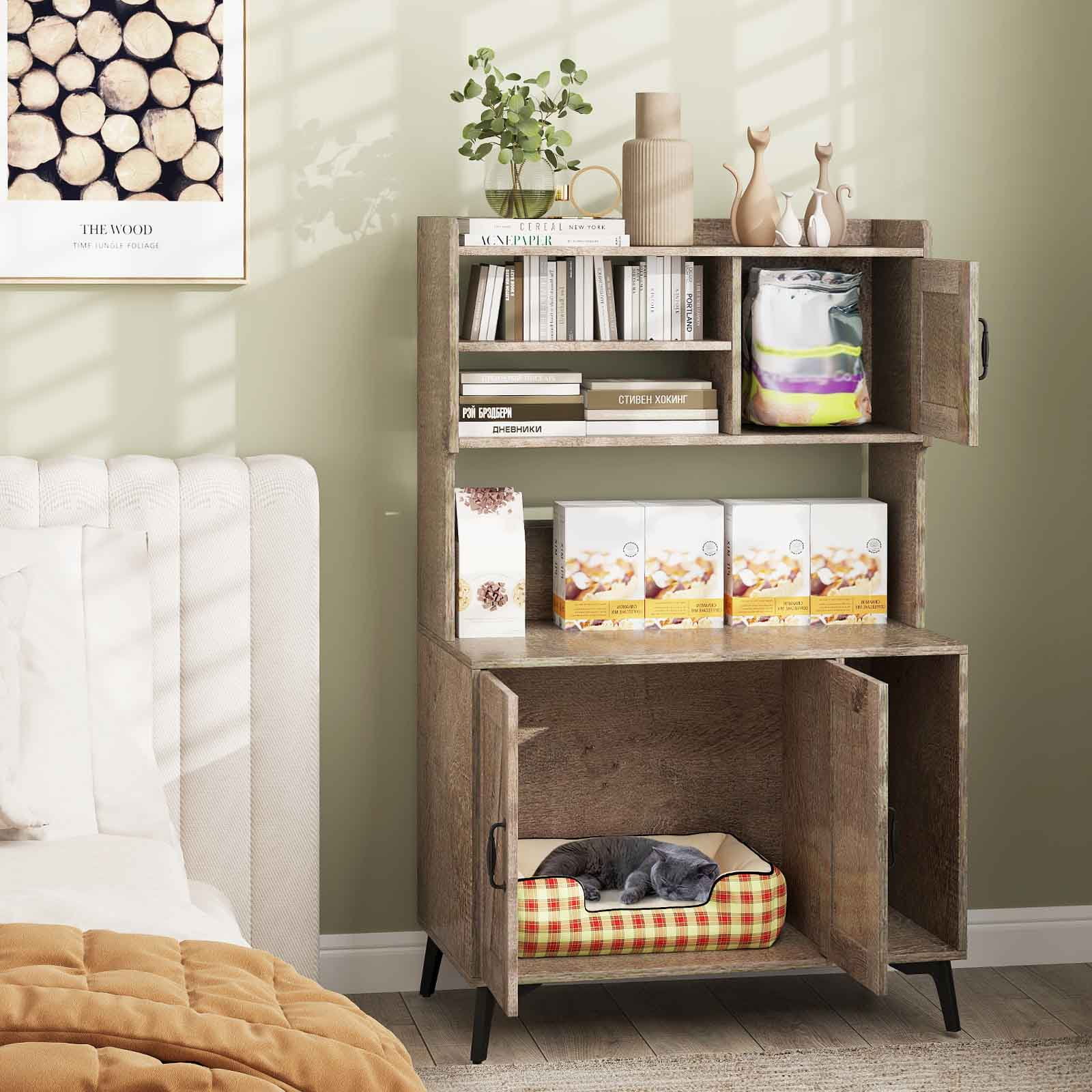 Gymax Large Cat Litter Box Enclosure w/ Display Storage Shelves Hidden Cat Furniture Oak