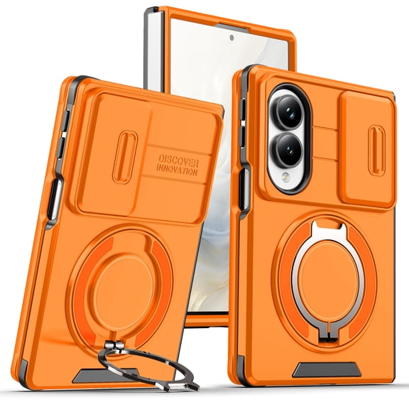 Caseny for Samsung Galaxy Z Fold 8 Case, Slim Non-Slip Shockproof Bumper Rugged Rotating Stand Ring Holder Anti-Scratch Magnetic Cover Compatible with Car Mount Case, Orange