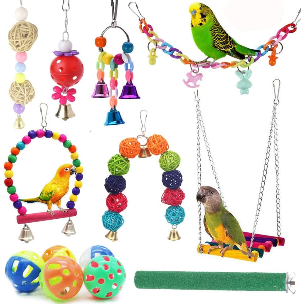 Conures Cockatiels Bird Parrot Toys 4 Packs Lovebirds Hummingbird Bird Chewing Foraging Shredder Toy Bird Cage Hammock Hanging Swing with Bells for Small Bird Finches Parakeets Budgie 
