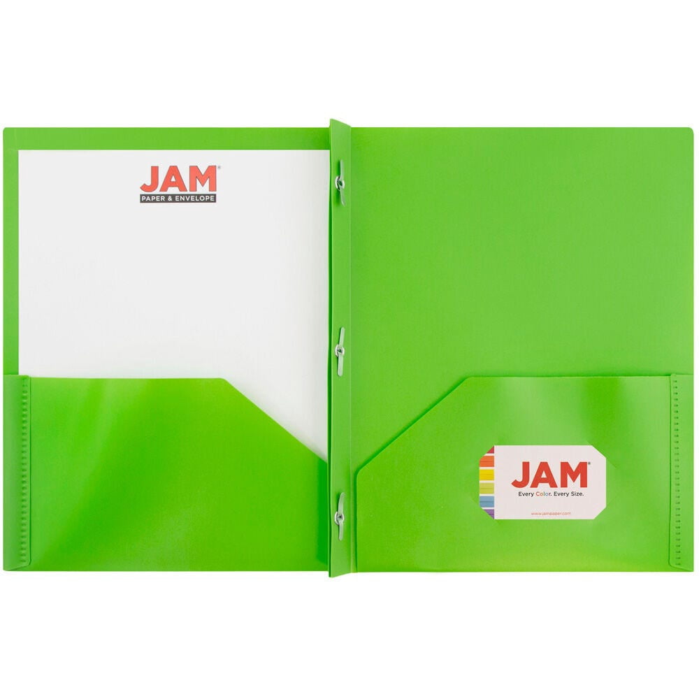 JAM Paper Plastic 2 Pocket POP Folders with Prongs Fastener Clasps, Lime Green, Bulk 48/Pack