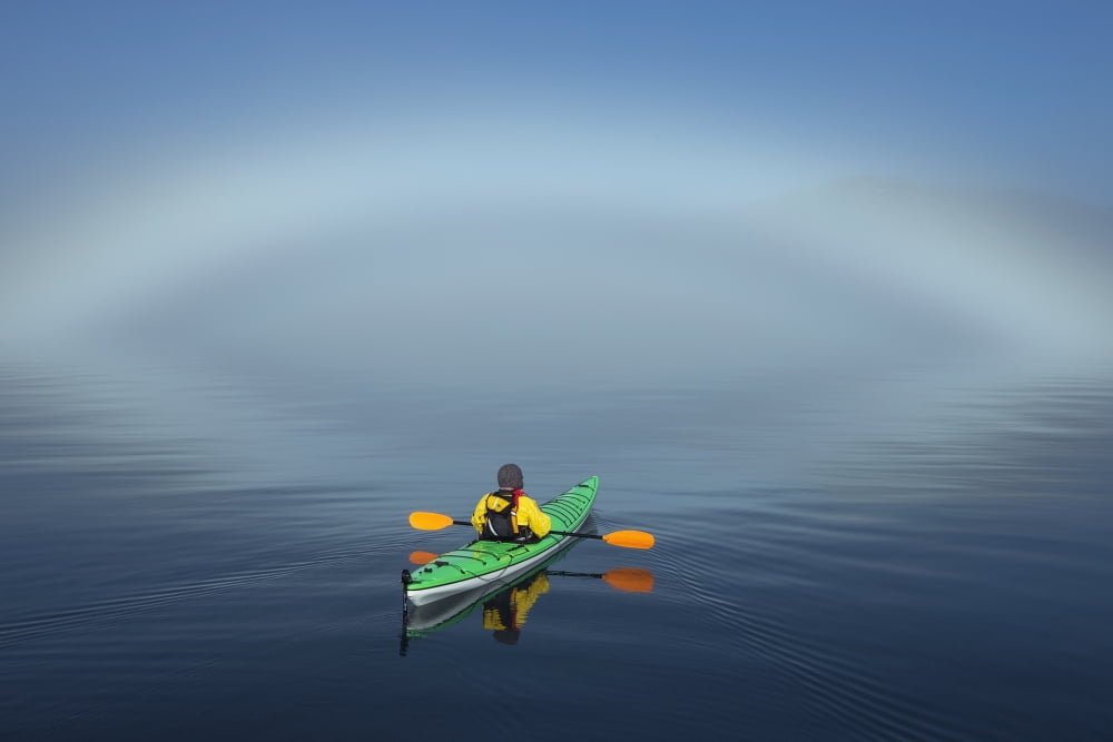 A Sea Kayaker Paddles Along The Edge Of A Thick Fog Bank In Southeast Alaskas Stephens Passage A Fog Bow Has Formed Where Water Particles Reflect The Light Of The Morning Sun Mr Ed Emswiler Id#1217201