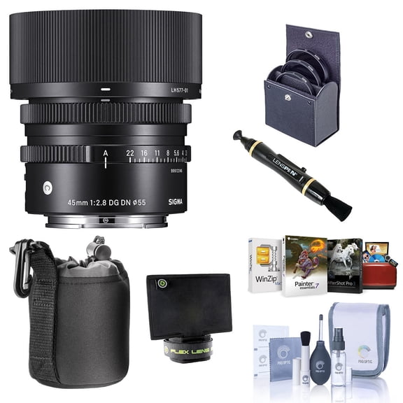 Sigma 45mm f/2.8 DG DN Contemporary Lens for Sony E-Mount Bundle With 55mm Filter Kit, Flex Lens Shade, Lens Pouch, Lens Cleaner, Cleaning Kit, Corel Mac Software Kit