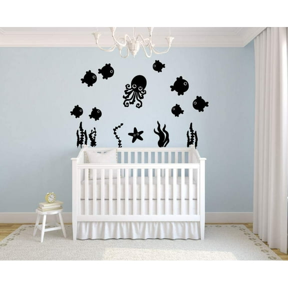 Small Fishes Octopus Sea Ocean Underwater Water Animal Wall Sticker Decal for Girls Boys Kid Room Bedroom Nursery Kindergarten House Fun Home Decor Stickers Wall Art Vinyl Decoration Size (12x15 inch)
