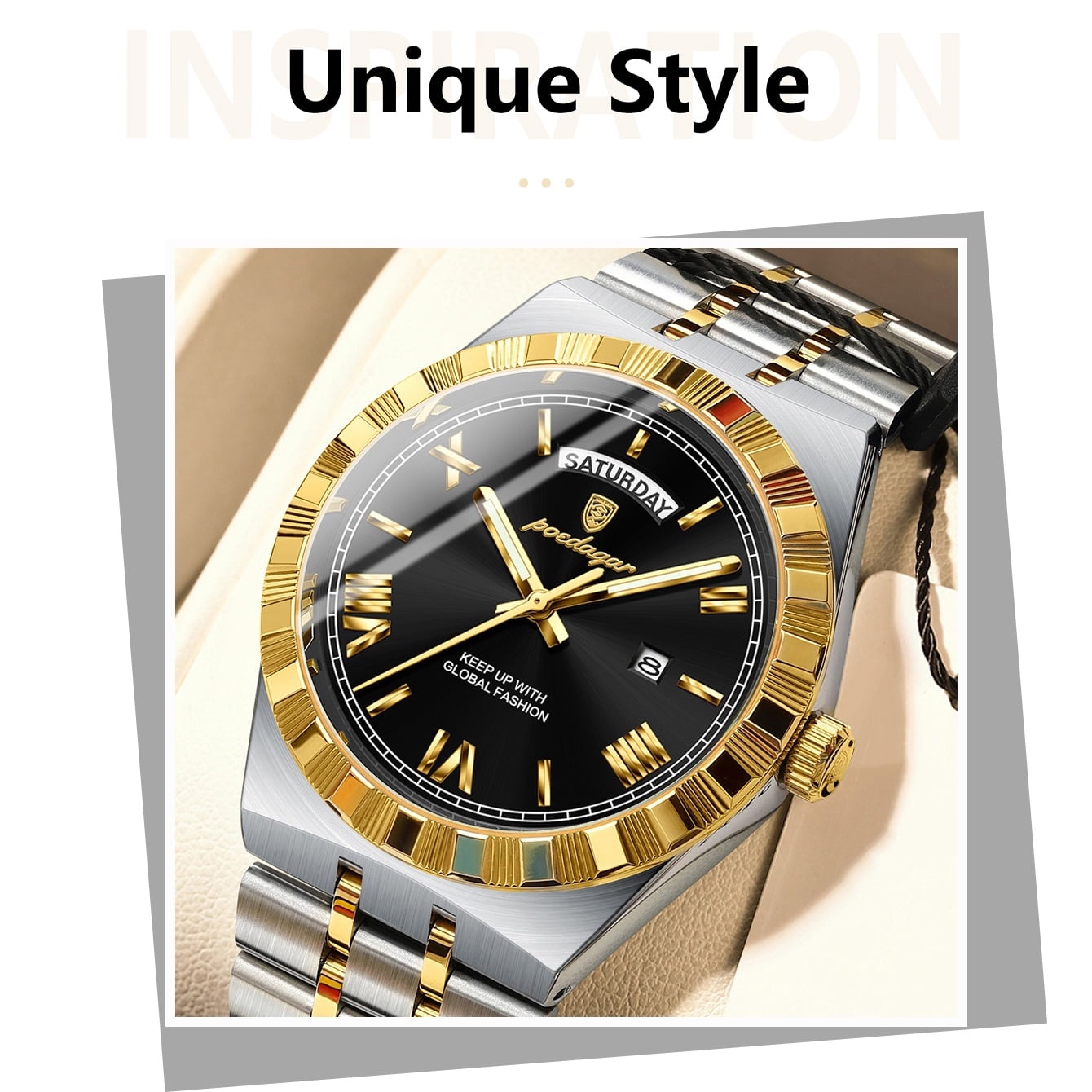 POEDAGAR Luxury Men's Waterproof Luminous Wrist Watch with Date Week Display Stainless Steel Strap