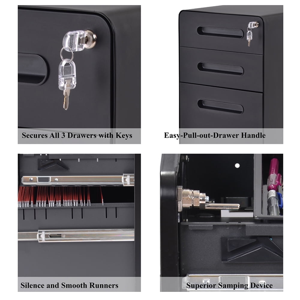 Kepooman 3-Drawer Mobile Steel File Cabinet with Lock for Legal/Letter/A4 Size, 14.9"W x 18.9"D x 21.85"H, Black Kepooman 3-Drawer Mobile Steel File Cabinet with Lock for Legal/Letter/A4 Size, 14.9"W x 18.9"D x 21.85"H, Black
