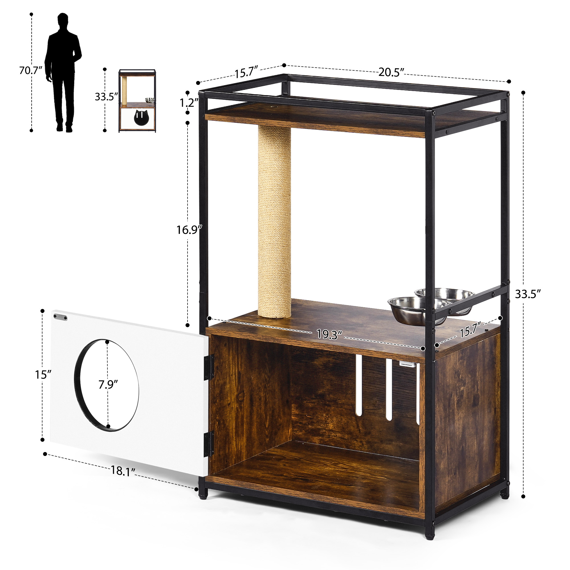 Pefilos 33" Wooden Cat House with Scratching Posts, Indoor Cat Condo with Feeding Station, Cat Shelter Furniture, Brown