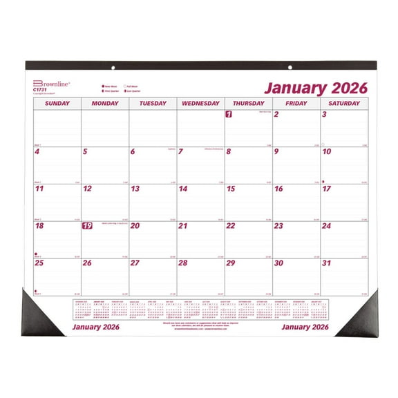 2026 Brownline Monthly Desk Pad Calendar, 22" x 17", Burgundy/White, January To December, C1731