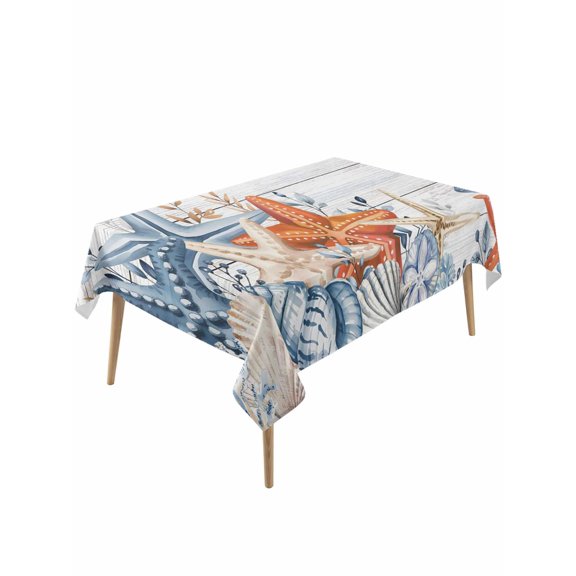 Orange Blue Starfish Coastal Table Cloth, Waterproof Tablecloth for Rectangle Tables, Summer Beach Eucalyptus Retro Reusable Washable Fabric Table Cover for Restaurant Kitchen Dining Tables 54"x108"
