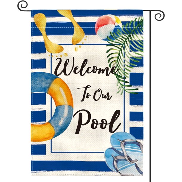Bandera de jardín con diseño de rayas de acuarela "Bienvenido a nuestra piscina", de doble cara, para exteriores, para vacaciones de verano, con forma de anillo de natación, chanclas, decoración para