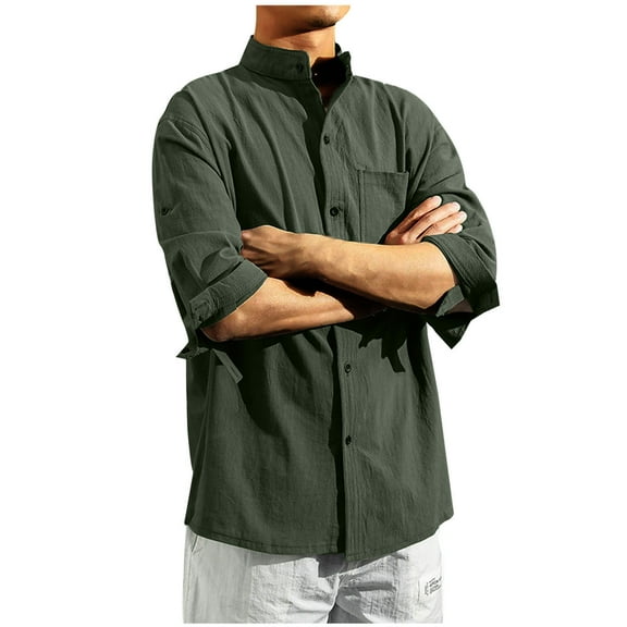IROINNID Plain Long Sleeve Shirts for Men Casual Solid Turn-down Collar Button Short Sleeve Blouse Tops Shirt Clearance,Olive Green