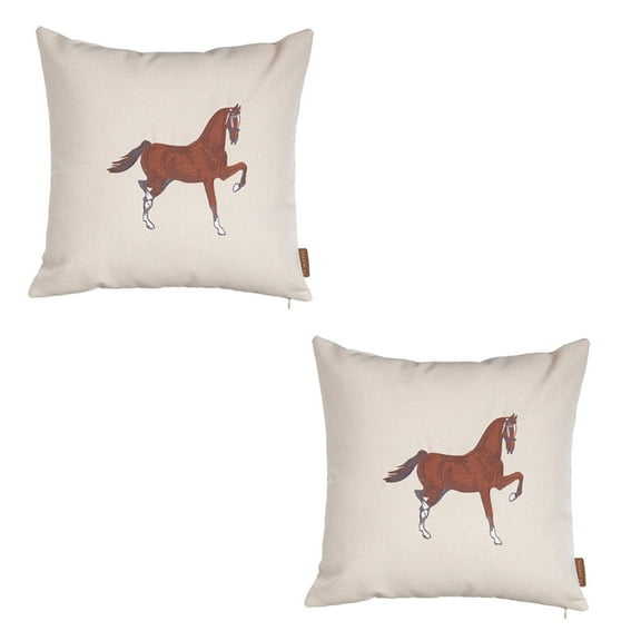 Boho Embroidered Horse Handmade Set of 2 Throw Pillow 18" x 18" Solid Beige & Brown Square for Couch, Bedding