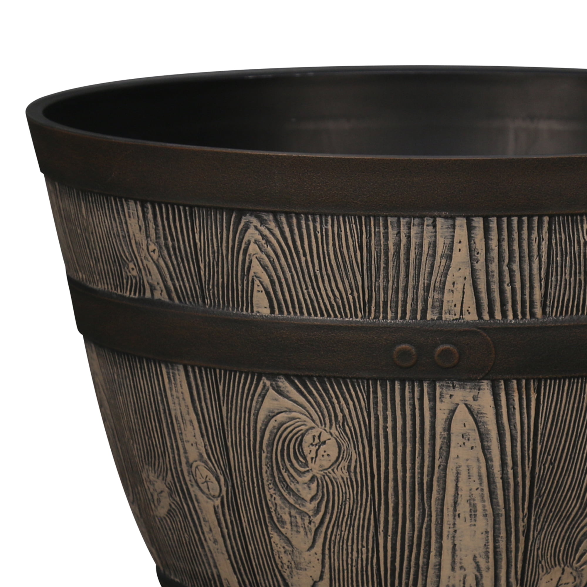 Better Homes & Gardens Whiskey Barrel Brown Resin Planter, 15.8in x 15.8in x 10.3in