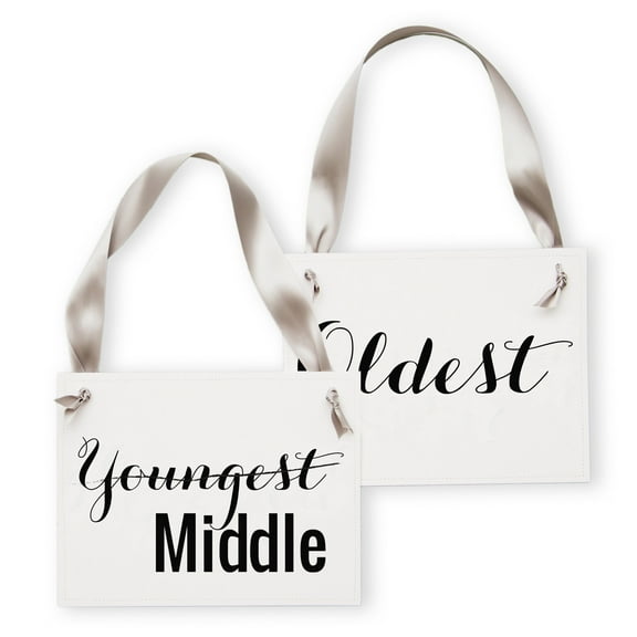 Ritzy Rose Pregnancy Announcement for 3rd Child | Oldest Middle Youngest Signs | 2 Banners for Big Brothers or Sisters | New Baby Signage | White Paper Black Ink Gray Ribbon | Set of 2