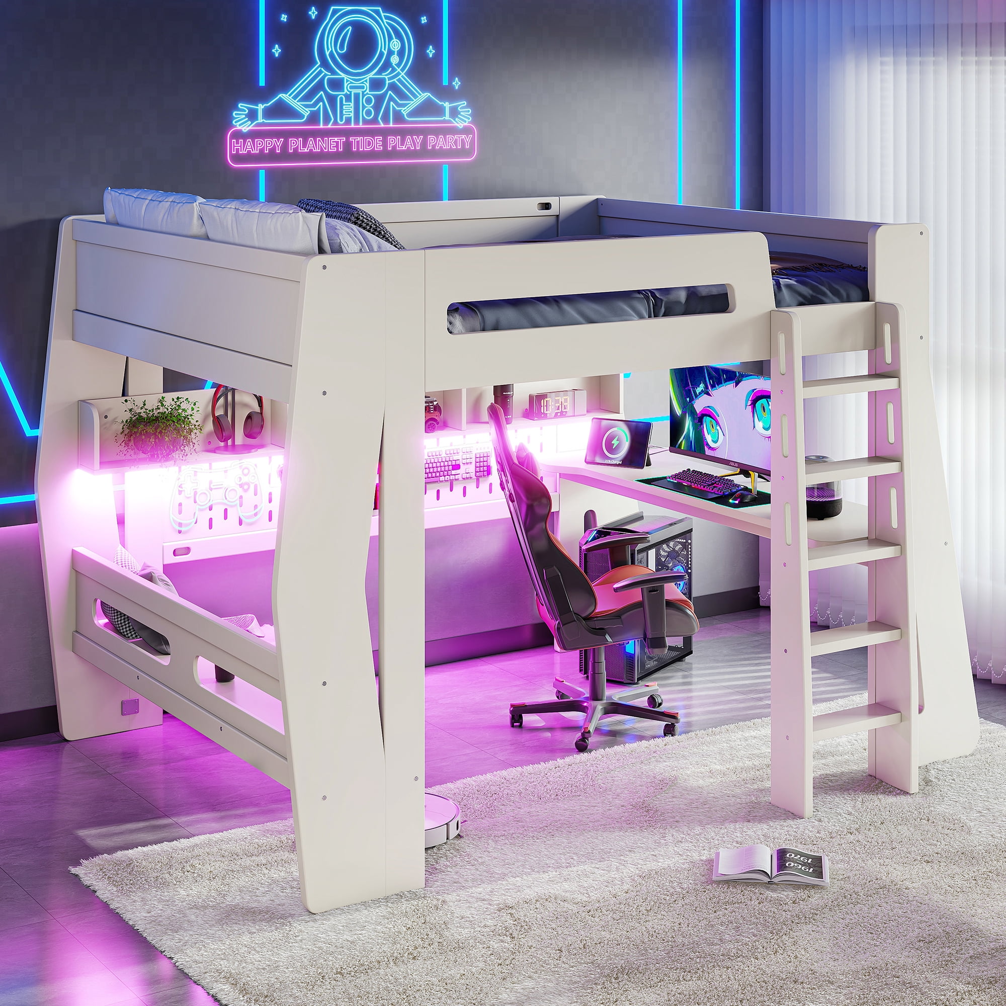 Mintazer Full Size Gaming Loft Bed with Desk & LED Ambient Light, Esports Loft Bed with Storage Shelves & Power Outlet for Teens Bedroom, Beige