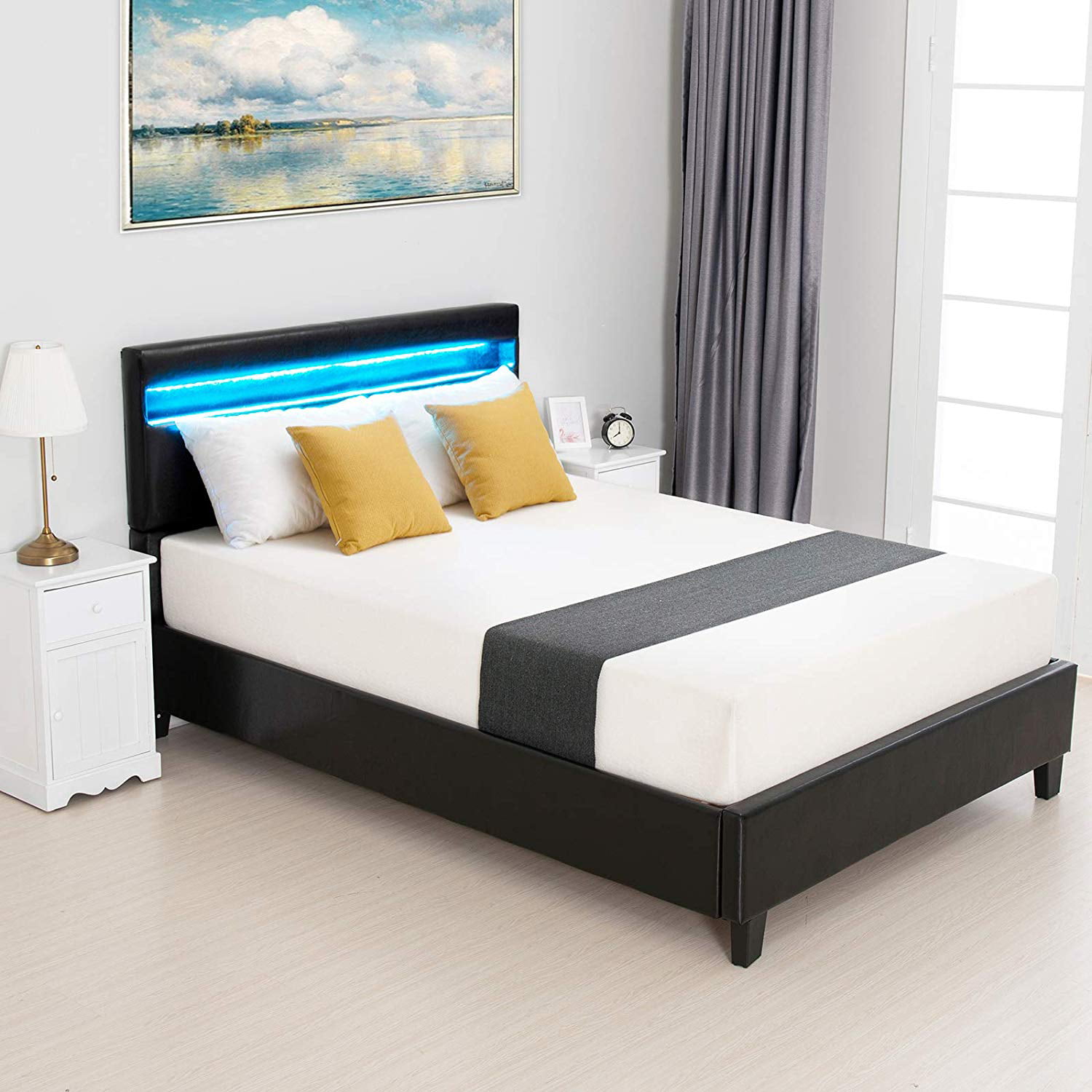 Mecor Modern Upholstered Faux Leather Platform Bed with LED Light