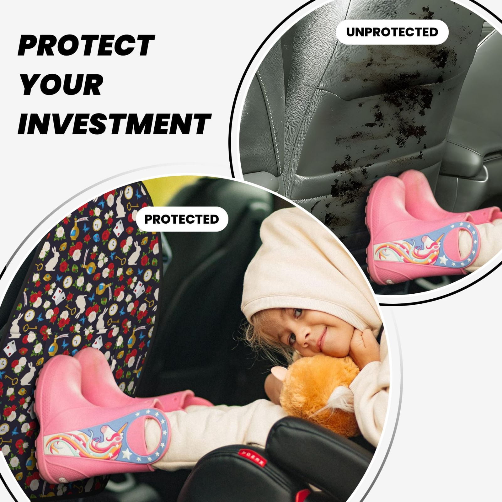 Kdxio Rose Rabbit Print 2 Pack Car Kick Mat Seat Cover Back Protector Mat with Pockets for Organizer Backseat Protector and Storage Anti Kick Pad for Vehicles