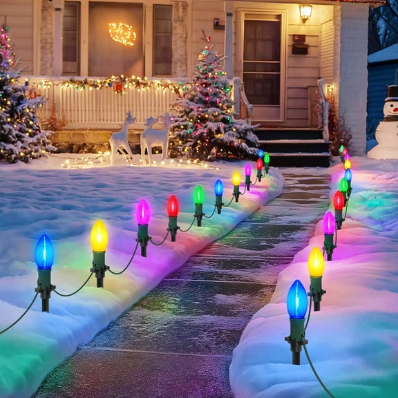45Ft C9 LED Christmas Pathway Lights Outdoor, 30 Multicolor Bulbs Connectable Christmas Walkway Lights with Stakes for Yard Lawn Sidewalk Driveway Christmas Decorations