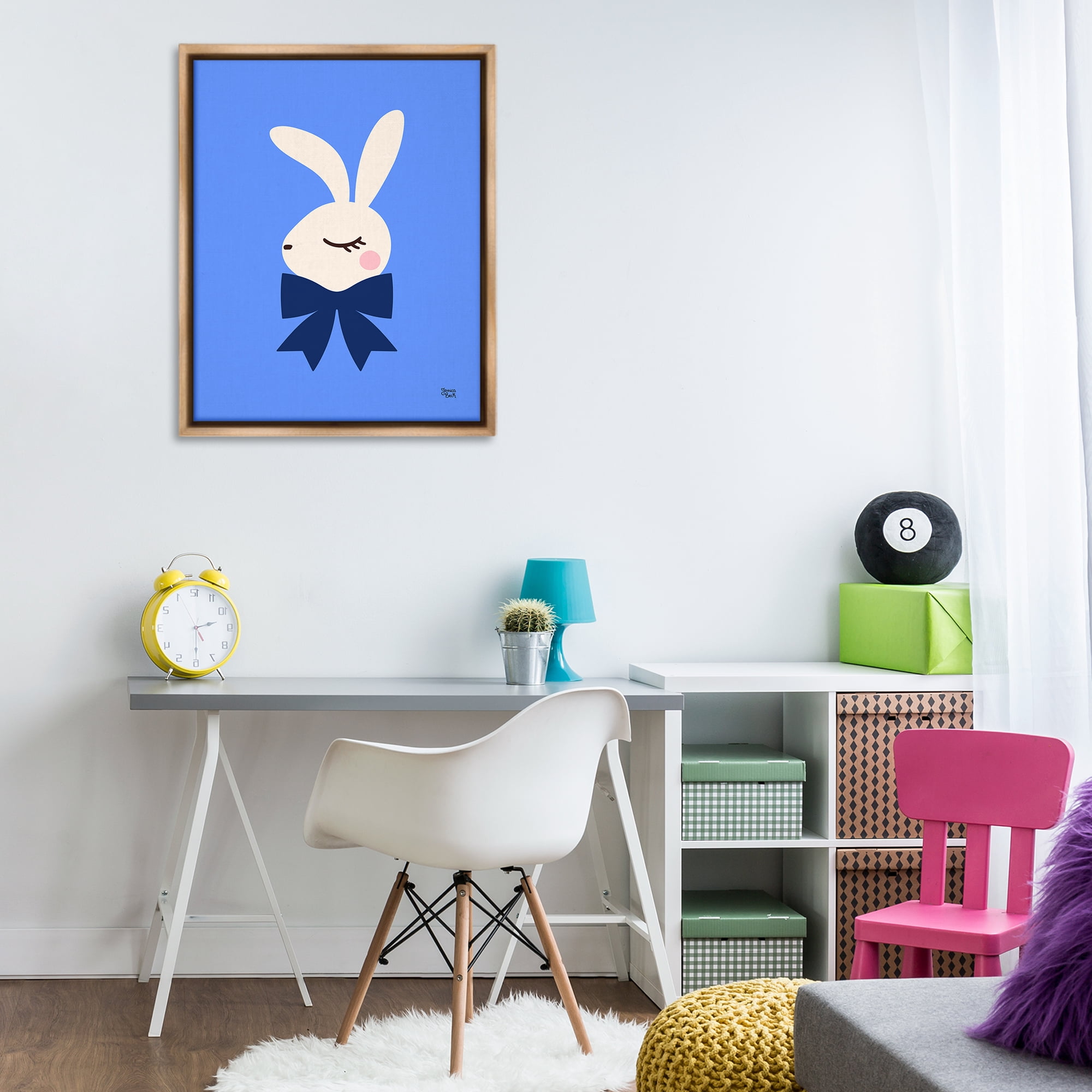 Stupell Industries Rabbit with Ribbon on Blue Animals Painting Brown Floater Framed Canvas Art Print Wall Art, 25 x 31