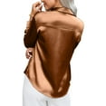 thumbnail image 4 of Dyfzdhu Satin Shirts for Women Silky Long Sleeve Button Down Shirt Casual V Neck Blouse Loose Business Work Tunic Tops Dressy Blouses Brown, 4 of 5