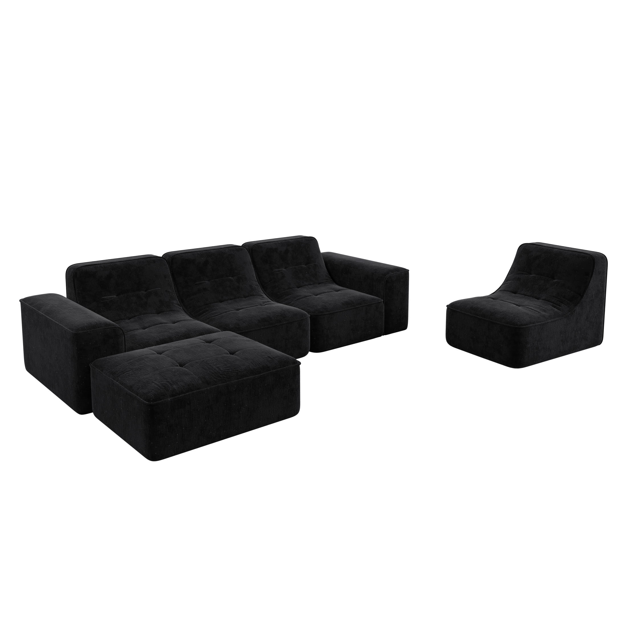 Noble House 144" Modular Sectional Sofa, Tufted Sparkling Chenille Deep Seat Couch with Ottoman, Accent Chair, Black
