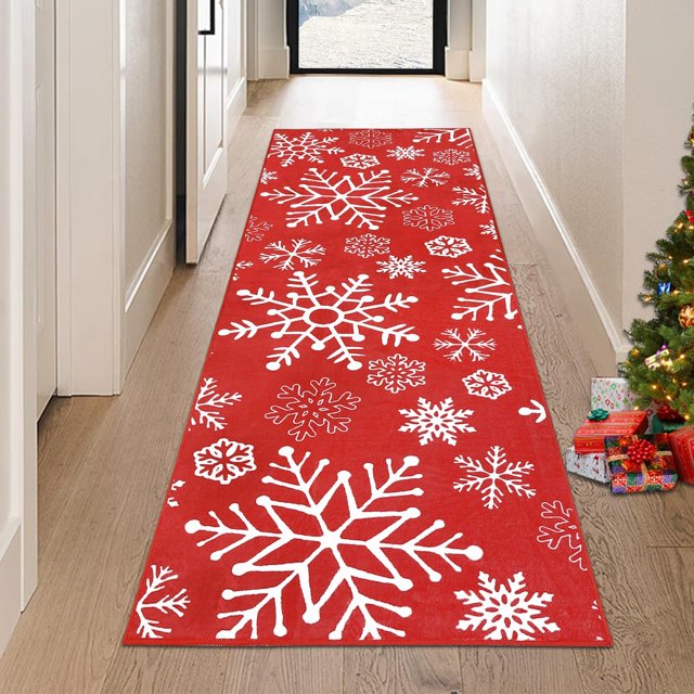 Runner Rug 2x8 Christmas Snowflake Pattern Low Pile Area Rug Xmas Washable Soft Non-Slip Accent Carpet for Entryway Laundry Room Bedroom